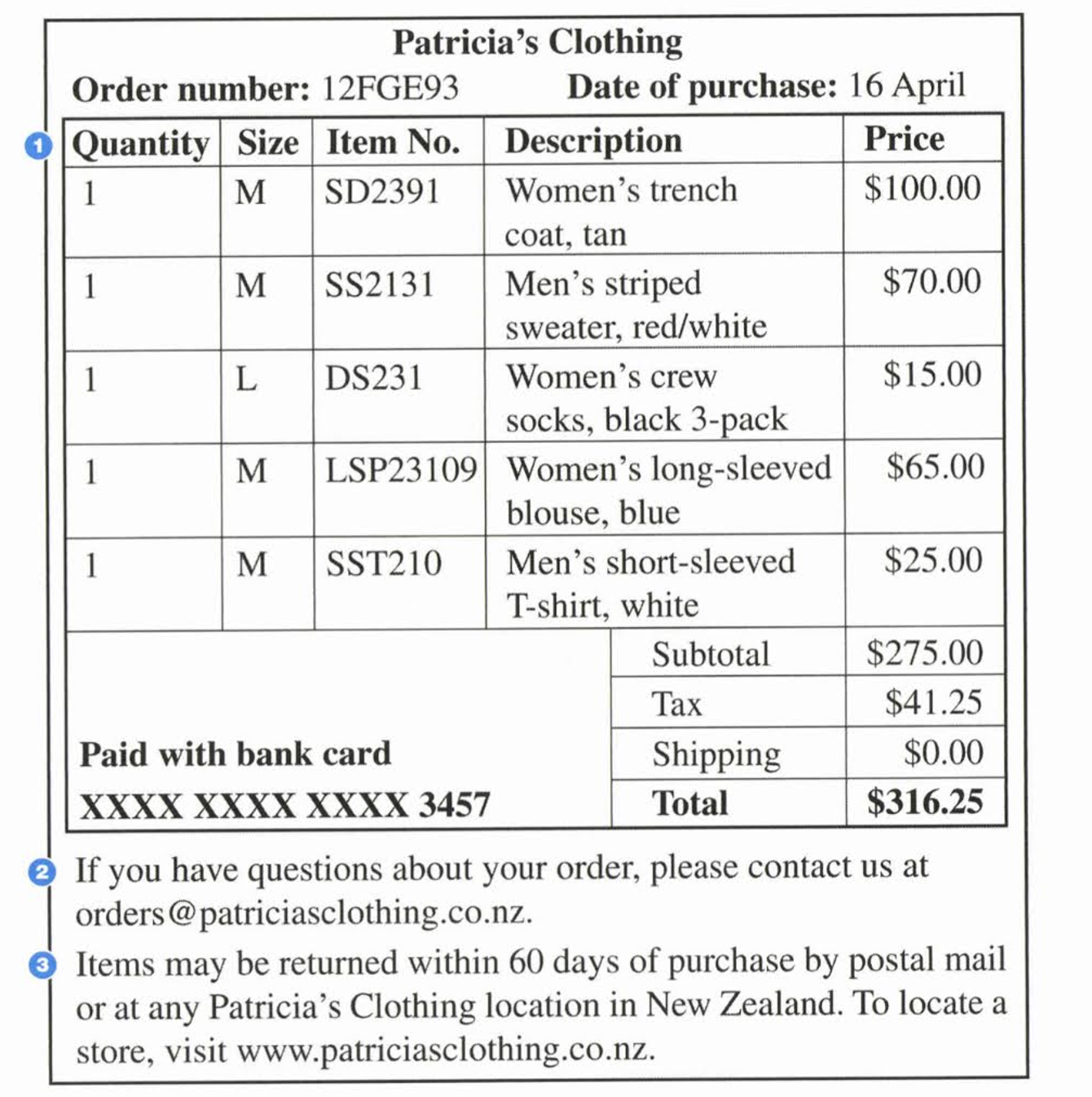 TOEIC Part7 パトリシアインボイス請求書